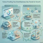 Infographic titled Future-Proofing Your Small Business: Key Trends for Growth. It outlines the digital transformation where 54% of sales happen online and 85% of owners adopt AI, alongside strategies for resilience like alternative financing and community-based marketing to combat rising operational costs.