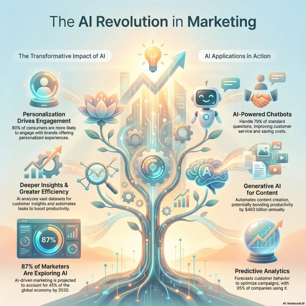 Infographic titled The AI Revolution in Marketing illustrating the transformative impact of AI. It features statistics such as 80% increased engagement from personalization, 87% of marketers exploring AI, and the use of chatbots and predictive analytics to optimize campaigns.