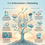 Infographic titled The AI Revolution in Marketing illustrating the transformative impact of AI. It features statistics such as 80% increased engagement from personalization, 87% of marketers exploring AI, and the use of chatbots and predictive analytics to optimize campaigns.