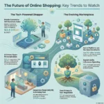 Infographic titled The Future of Online Shopping: Key Trends to Watch. It covers the rise of the tech-powered shopper with mobile commerce projected to reach $3.4 trillion, and the evolving marketplace where social platforms become storefronts and 70% of shoppers prioritize sustainability.