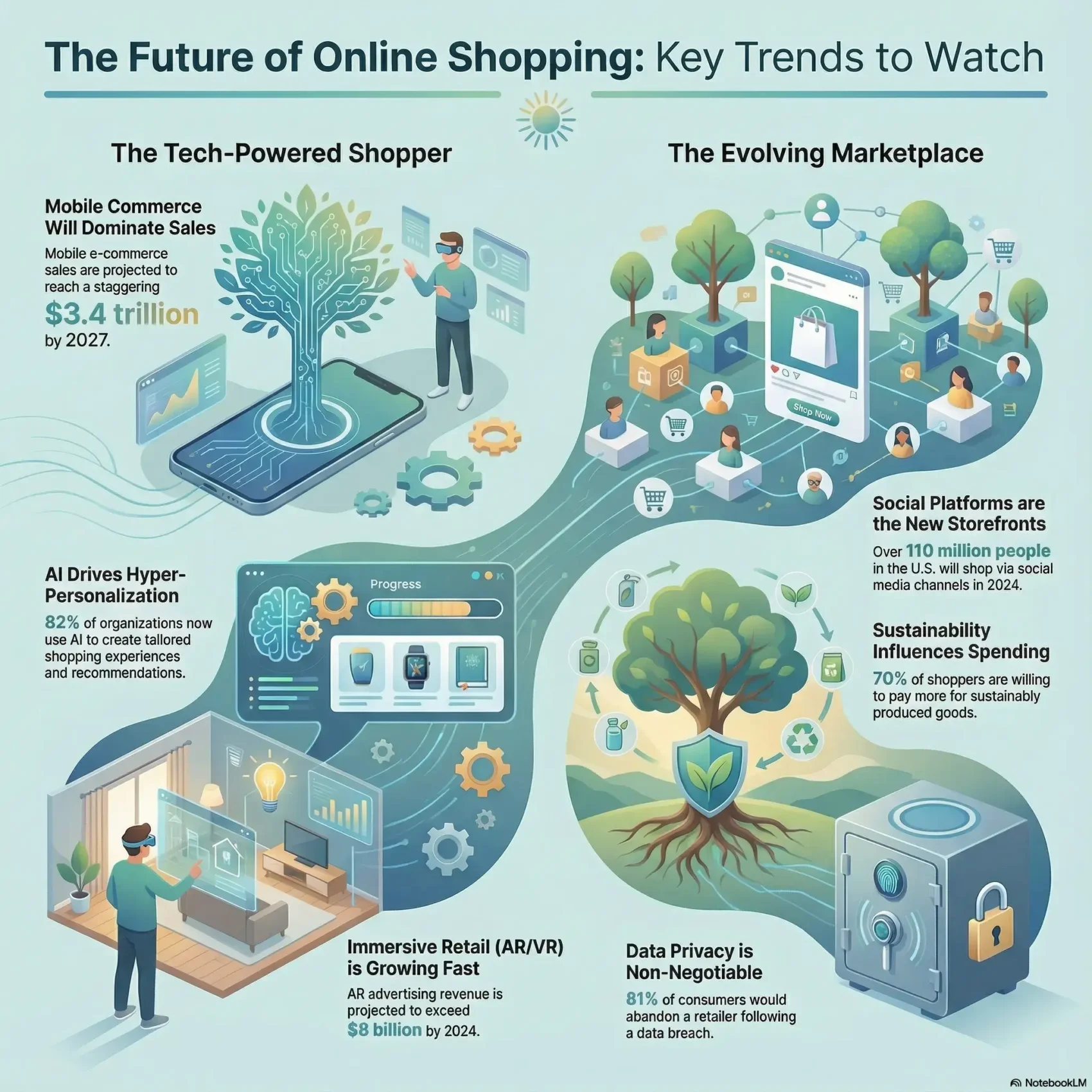 Infographic titled The Future of Online Shopping: Key Trends to Watch. It covers the rise of the tech-powered shopper with mobile commerce projected to reach $3.4 trillion, and the evolving marketplace where social platforms become storefronts and 70% of shoppers prioritize sustainability.