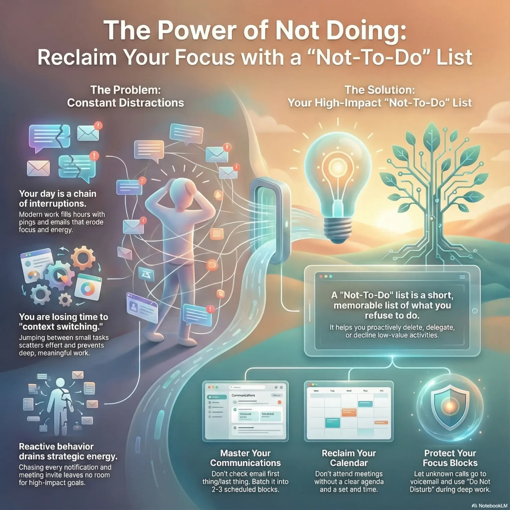 Illustrated infographic titled “The Power of Not Doing: Reclaim Your Focus with a Not To Do List,” created for the SmartKeys.org article “The Not-To-Do List: Identify and Eliminate Habits That Waste Your Time.” The left side shows a stressed worker surrounded by email, chat, and notification icons that represent constant distractions, context switching, and reactive behavior draining strategic energy. A glowing lightbulb and tree on the right symbolize clarity and a high impact Not To Do list that helps you proactively delete, delegate, or decline low value activities. Panels along the bottom highlight practical rules for productivity such as batching email, refusing meetings without an agenda and set time, and protecting calendar focus blocks so unknown calls go to voicemail. Overall the design visually explains how a short Not To Do list can reclaim attention, reduce digital overload, and create more time for deep work and meaningful goals.