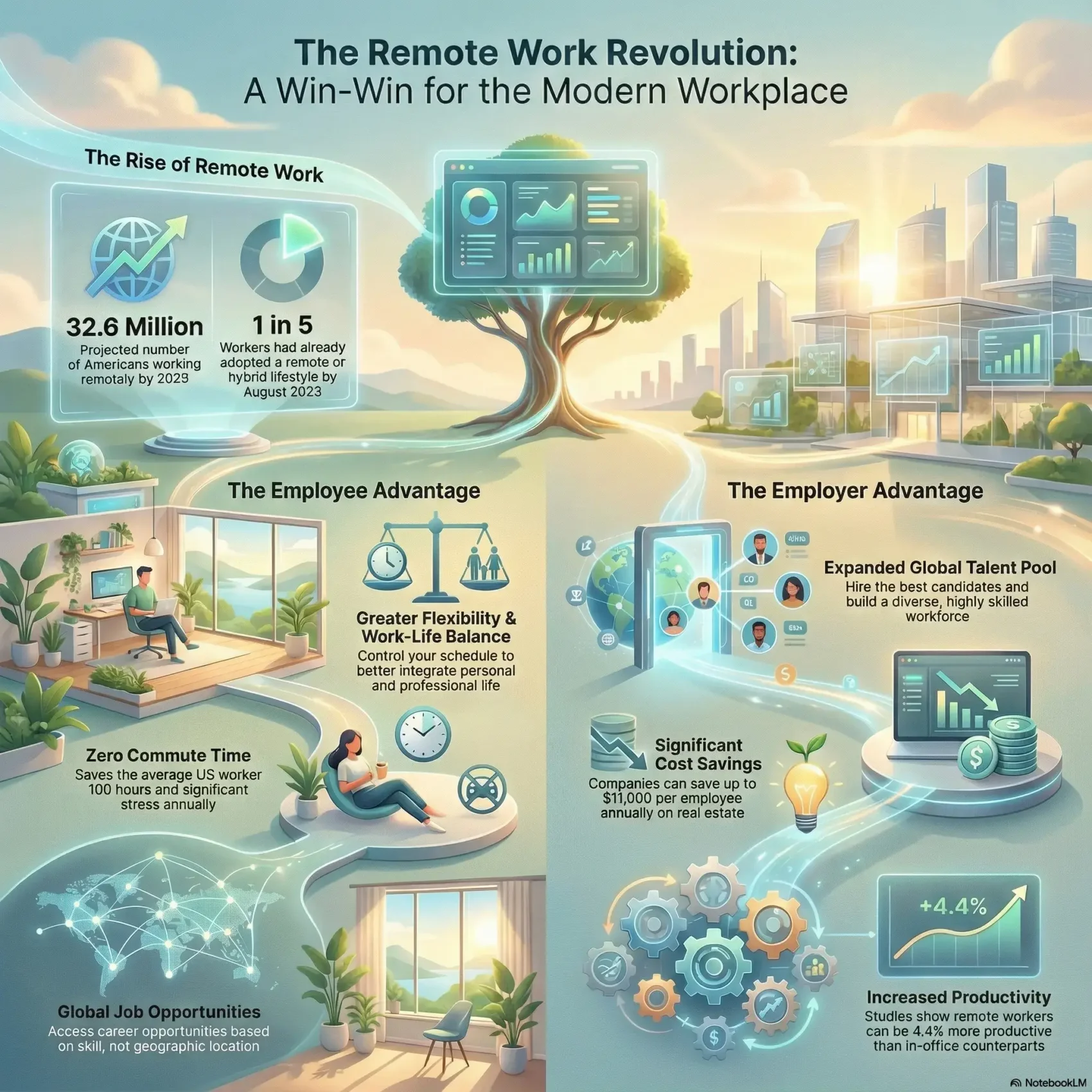 Infographic titled The Remote Work Revolution: A Win-Win for the Modern Workplace. It compares employee advantages like work-life balance and zero commute with employer benefits such as expanded global talent pools and significant cost savings of up to $11,000 per employee annually.