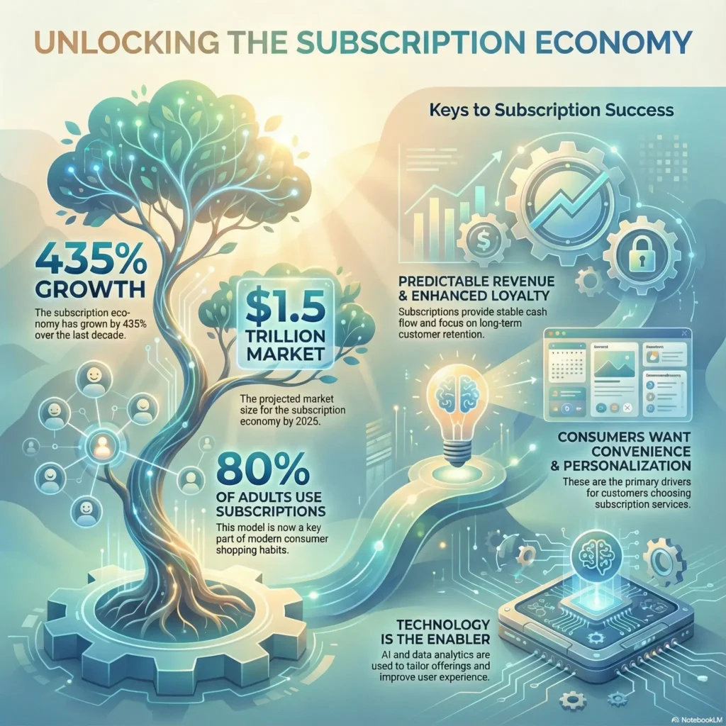 Infographic titled Unlocking the Subscription Economy highlighting a 435% growth over the last decade. It illustrates the path to a $1.5 trillion market by 2025, emphasizing predictable revenue, enhanced loyalty, and the role of AI in tailoring offerings for the 80% of adults who use subscriptions.