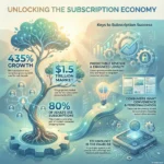 Infographic titled Unlocking the Subscription Economy highlighting a 435% growth over the last decade. It illustrates the path to a $1.5 trillion market by 2025, emphasizing predictable revenue, enhanced loyalty, and the role of AI in tailoring offerings for the 80% of adults who use subscriptions.