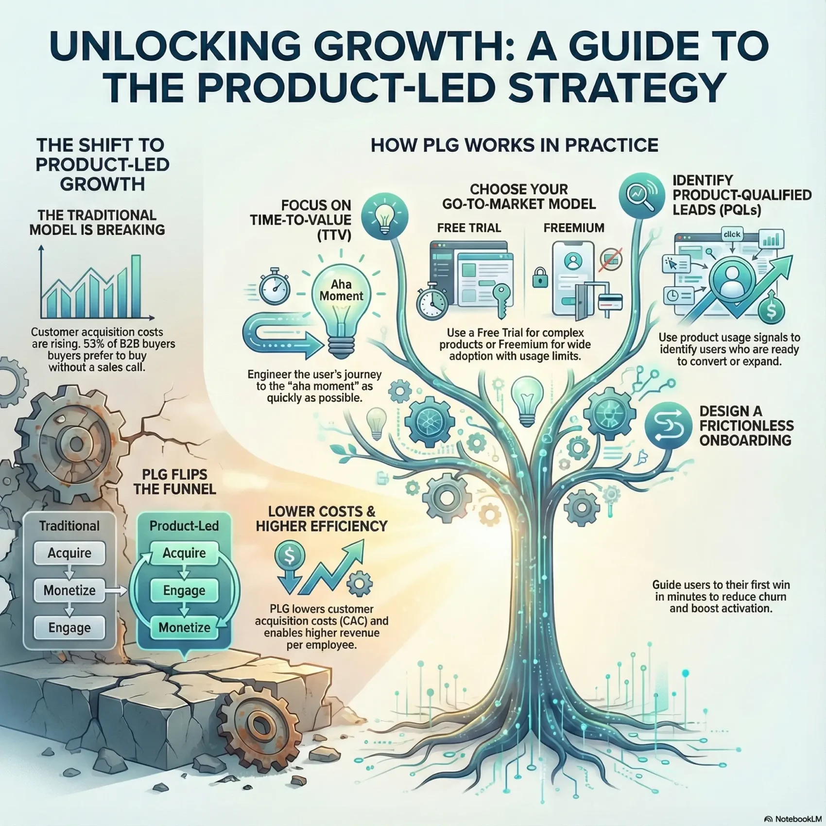 Infographic titled Unlocking Growth: A Guide to the Product-Led Strategy. It visualizes the shift from traditional sales to PLG, detailing how to optimize time-to-value, identify product-qualified leads (PQLs), and design frictionless onboarding to lower acquisition costs and boost user activation.