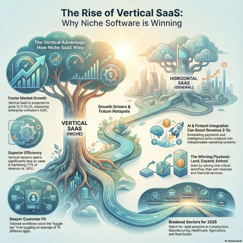 Illustrated infographic titled “The Rise of Vertical SaaS: Why Niche Software Is Winning,” created for the SmartKeys.org article “The Vertical SaaS Landscape: Niches That Will Explode in 2026.” On the left, a thriving tree labeled Vertical SaaS shows faster market growth projections of about 12.3 to 15.2 percent, superior efficiency with only 17 percent of revenue spent on sales and marketing, and deeper customer fit that reduces the “toggle tax” of juggling roughly 16 different apps. On the right, a cloud city labeled Horizontal SaaS represents general platforms, while a winding road highlights growth drivers such as AI and embedded fintech integrations that can boost revenue 2 to 5 times and turn products into operating systems. Along the bottom, icons for construction, manufacturing, healthcare, agriculture, and real estate showcase breakout vertical SaaS sectors expected to surge in 2026.