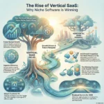 The Vertical SaaS Landscape: Niches That Will Explode in 2026 Illustrated infographic titled “The Rise of Vertical SaaS: Why Niche Software Is Winning,” created for the SmartKeys.org article “The Vertical SaaS Landscape: Niches That Will Explode in 2026.” On the left, a thriving tree labeled Vertical SaaS shows faster market growth projections of about 12.3 to 15.2 percent, superior efficiency with only 17 percent of revenue spent on sales and marketing, and deeper customer fit that reduces the “toggle tax” of juggling roughly 16 different apps. On the right, a cloud city labeled Horizontal SaaS represents general platforms, while a winding road highlights growth drivers such as AI and embedded fintech integrations that can boost revenue 2 to 5 times and turn products into operating systems. Along the bottom, icons for construction, manufacturing, healthcare, agriculture, and real estate showcase breakout vertical SaaS sectors expected to surge in 2026.