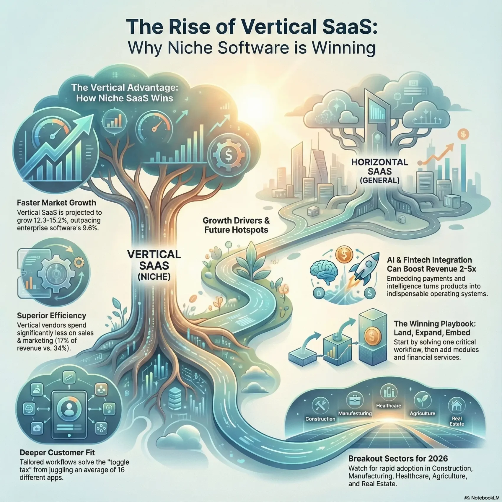 Illustrated infographic titled “The Rise of Vertical SaaS: Why Niche Software Is Winning,” created for the SmartKeys.org article “The Vertical SaaS Landscape: Niches That Will Explode in 2026.” On the left, a thriving tree labeled Vertical SaaS shows faster market growth projections of about 12.3 to 15.2 percent, superior efficiency with only 17 percent of revenue spent on sales and marketing, and deeper customer fit that reduces the “toggle tax” of juggling roughly 16 different apps. On the right, a cloud city labeled Horizontal SaaS represents general platforms, while a winding road highlights growth drivers such as AI and embedded fintech integrations that can boost revenue 2 to 5 times and turn products into operating systems. Along the bottom, icons for construction, manufacturing, healthcare, agriculture, and real estate showcase breakout vertical SaaS sectors expected to surge in 2026.