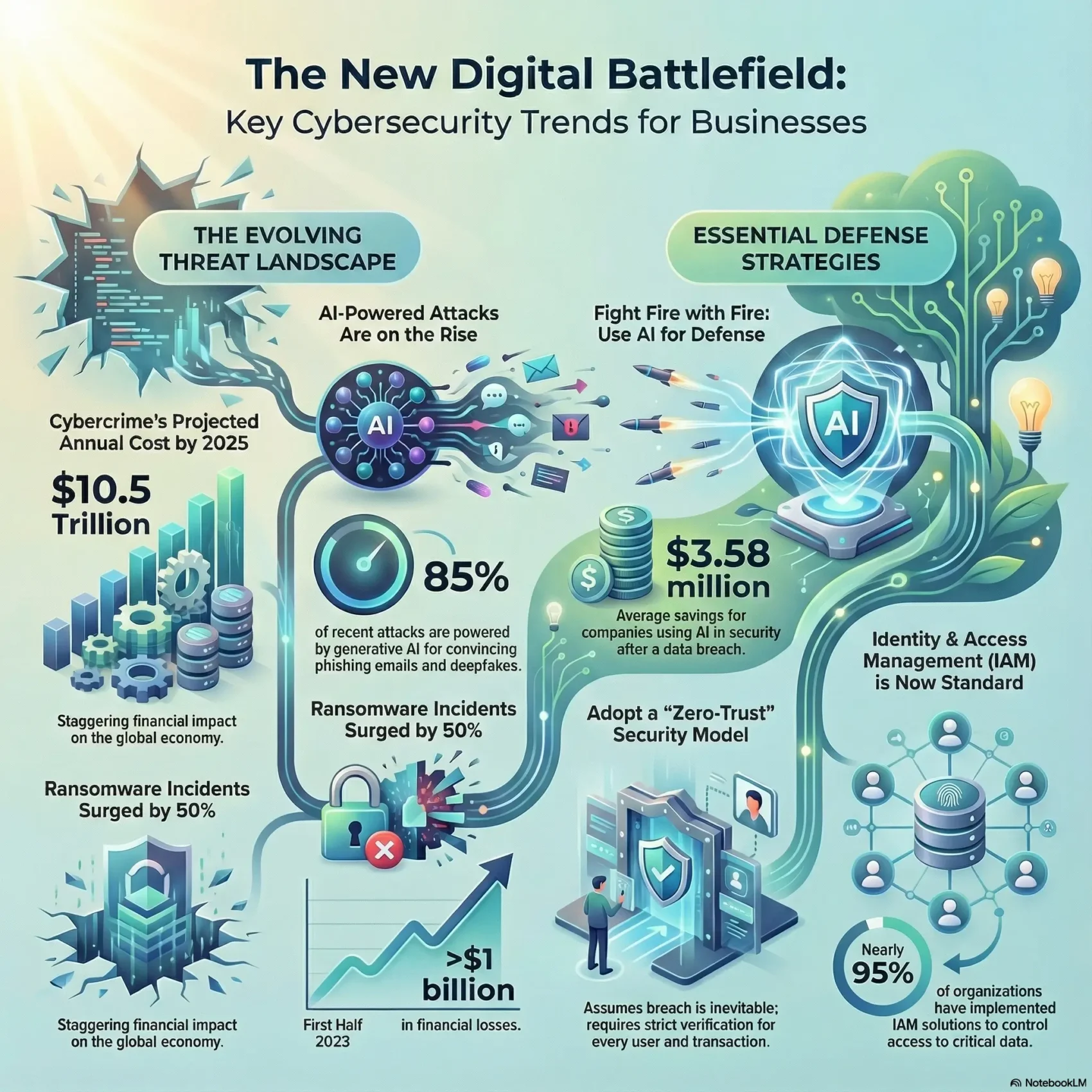 Infographic titled “The New Digital Battlefield: Key Cybersecurity Trends for Businesses”. The left side, labeled “The evolving threat landscape”, shows charts and icons of servers being attacked. Text states cybercrime’s projected annual cost by 2025 is 10.5 trillion dollars and notes a surge of 50 percent in ransomware incidents, with more than 1 billion dollars in financial losses in the first half of 2023. In the center, a glowing AI brain fires digital attacks, with a statistic that 85 percent of recent attacks are powered by generative AI used for phishing emails and deepfakes. The right side, labeled “Essential defense strategies”, features a bright tree with a shield marked “AI”. Captions explain that companies using AI for security save an average of 3.58 million dollars after a breach. Another panel titled “Adopt a zero trust security model” shows a secure portal and notes that this approach assumes breaches are inevitable and requires strict verification for every user and transaction. A final circle titled “Identity and access management is now standard” shows connected user icons and states that nearly 95 percent of organisations have implemented IAM solutions to control access to critical data.