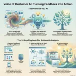 Infographic titled Voice of Customer AI: Turning Feedback into Action, showing a 3-step playbook to capture, analyze, and act on customer insights using artificial intelligence.