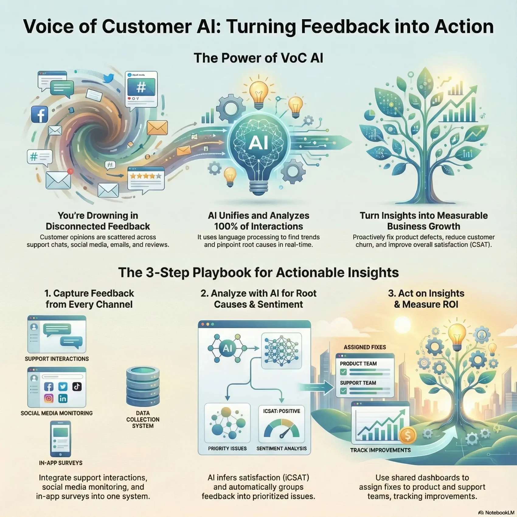 Infographic titled Voice of Customer AI: Turning Feedback into Action, showing a 3-step playbook to capture, analyze, and act on customer insights using artificial intelligence.