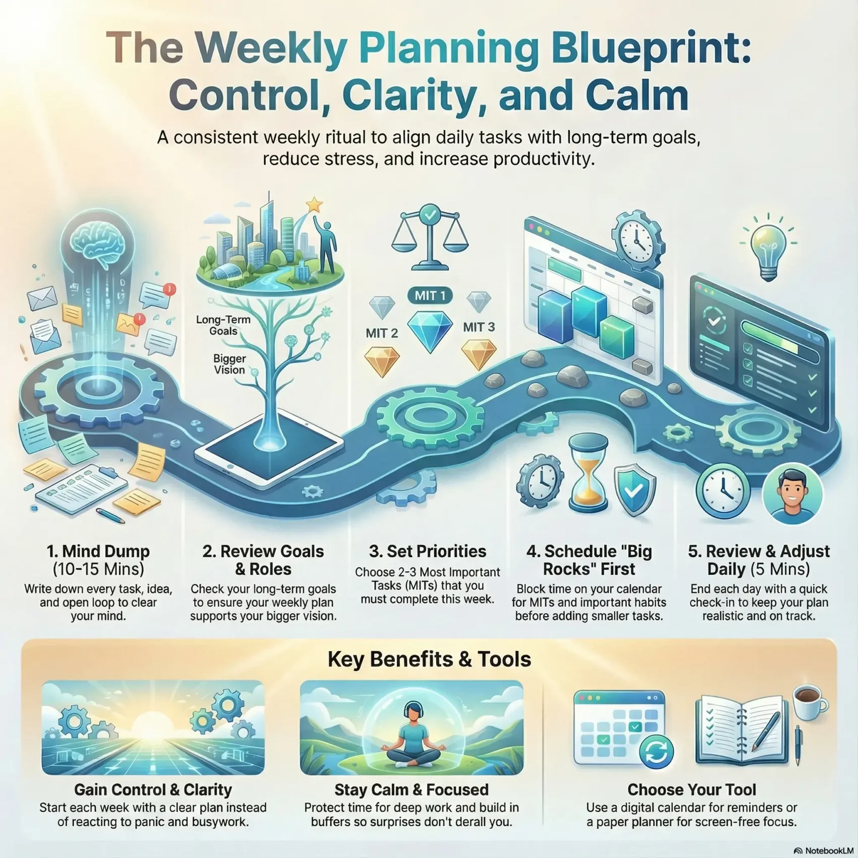 Infographic titled "The Weekly Planning Blueprint: Control, Clarity, and Calm" accompanying the SmartKeys guide on weekly planning. The visual outlines a consistent 5-step ritual—including a mind dump, goal review, and scheduling "Big Rocks" first—to align daily tasks with long-term vision. It highlights key benefits like gaining control and clarity, and recommends using digital or paper tools to reduce stress and increase productivity.
