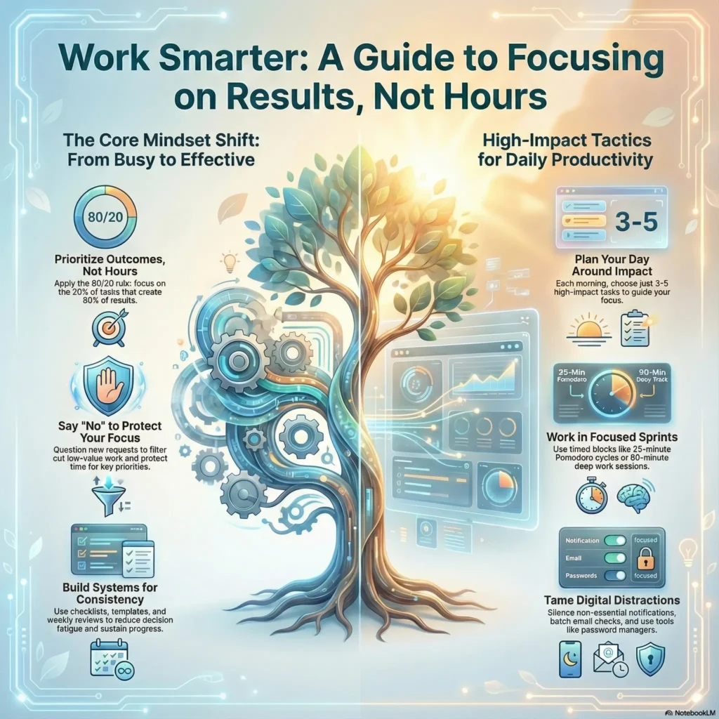 Infographic titled 'Work Smarter: A Guide to Focusing on Results, Not Hours' visualizing the shift from busy to effective work. It outlines high-impact tactics such as applying the 80/20 rule, planning 3-5 daily priorities, using focused sprints like Pomodoro, and taming digital distractions to boost productivity.