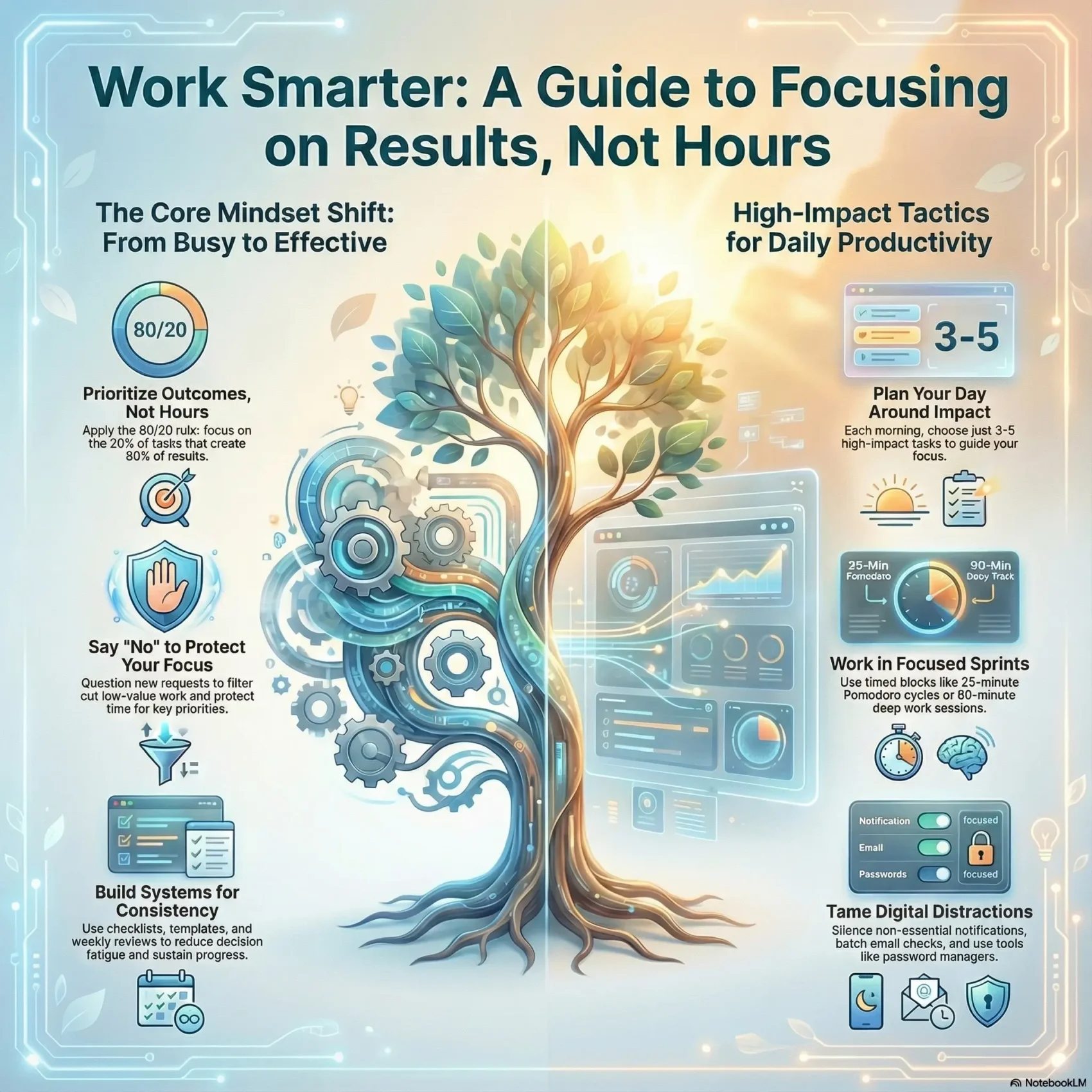 Infographic titled 'Work Smarter: A Guide to Focusing on Results, Not Hours' visualizing the shift from busy to effective work. It outlines high-impact tactics such as applying the 80/20 rule, planning 3-5 daily priorities, using focused sprints like Pomodoro, and taming digital distractions to boost productivity.