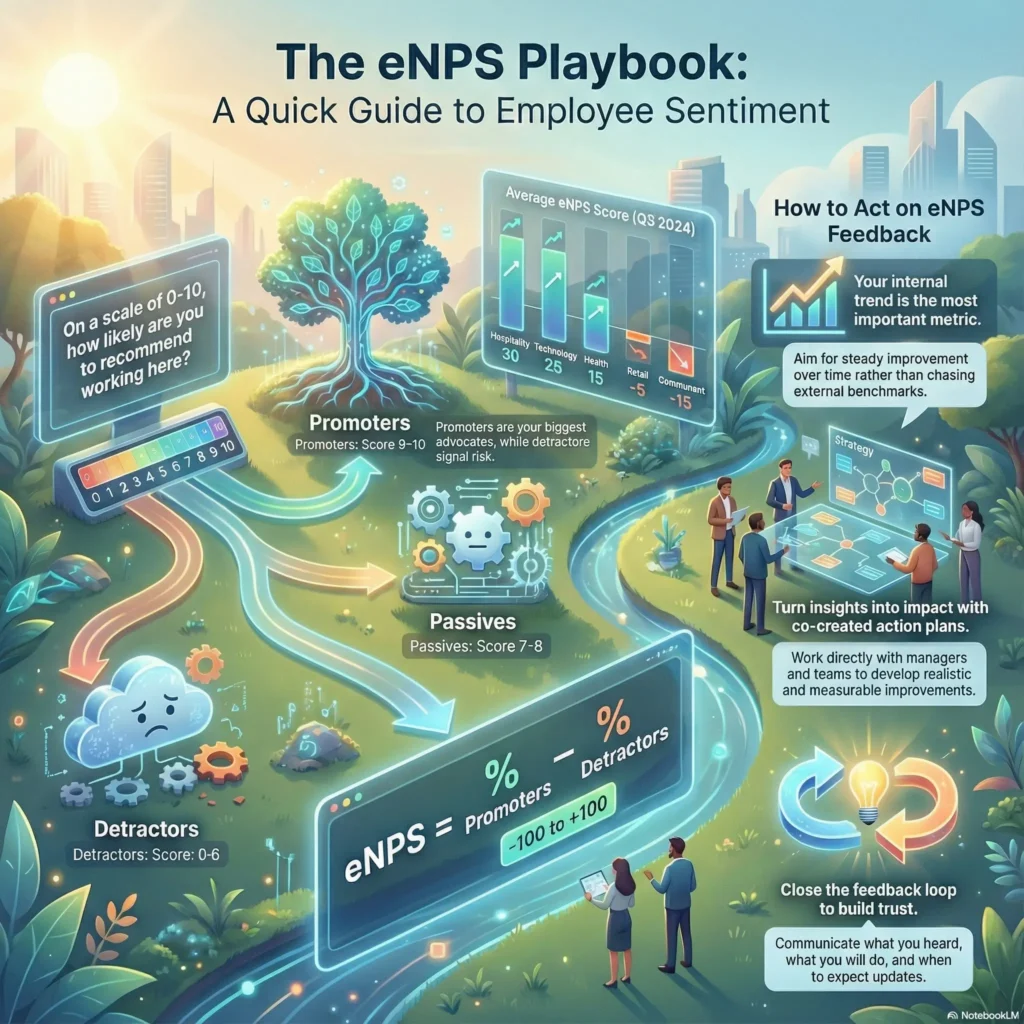 Infographic titled 'The eNPS Playbook: A Quick Guide to Employee Sentiment' explaining how to calculate Employee Net Promoter Score using the 0-10 scale. It highlights the formula (% Promoters minus % Detractors), shows 2024 industry benchmarks like Hospitality (30) and Technology (25), and outlines steps to turn insights into action plans.