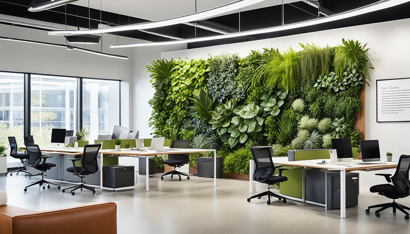 Innovative office design trends with biophilic design elements and flexible work environments.