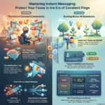 Instant Messaging Boundaries 2026: Stay Focused Amid Constant Pings Infographic about "Mastering Instant Messaging" to protect focus, showcasing the cognitive cost of constant notifications and solutions like asynchronous communication and tiered response norms.