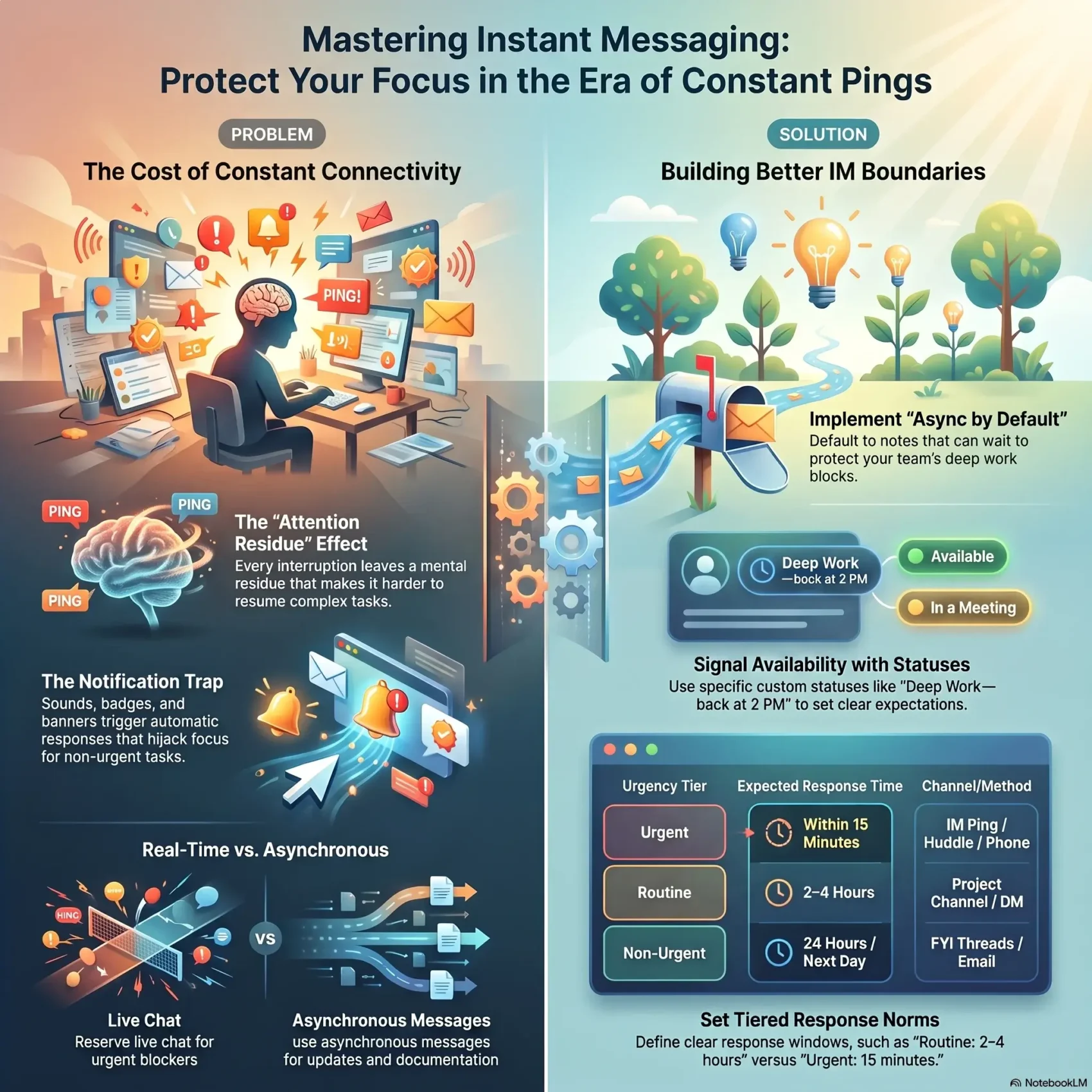 Infographic about "Mastering Instant Messaging" to protect focus, showcasing the cognitive cost of constant notifications and solutions like asynchronous communication and tiered response norms.