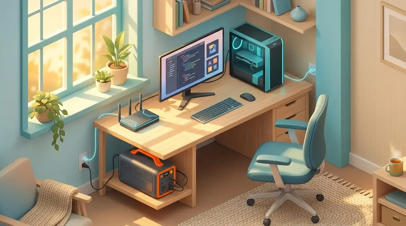 Jackery Explorer power station used as UPS emergency power backup for desktop PC and Wi-Fi router in home office
