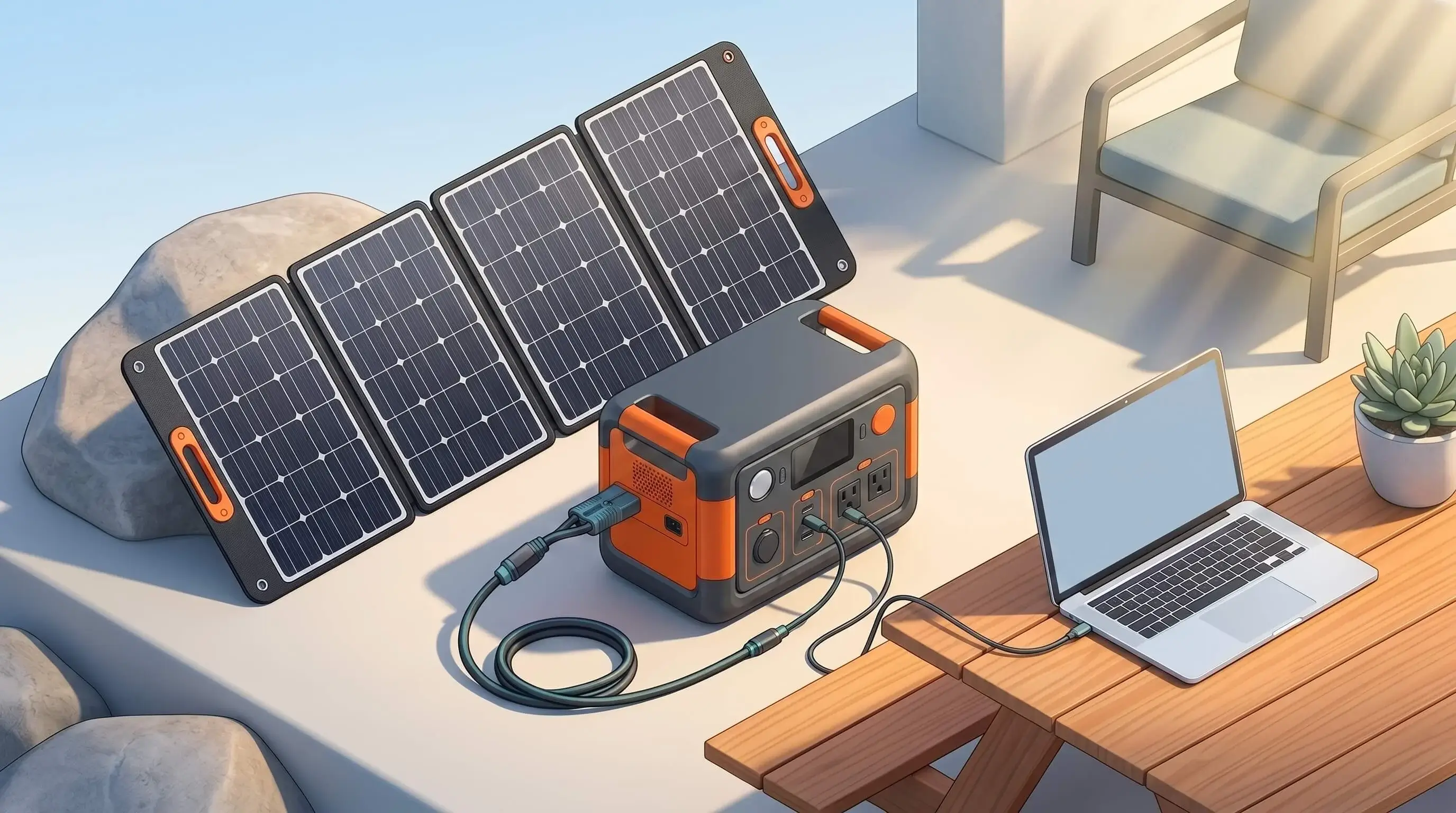 Jackery Explorer portable power station recharging with SolarSaga solar panel and powering a laptop off-grid