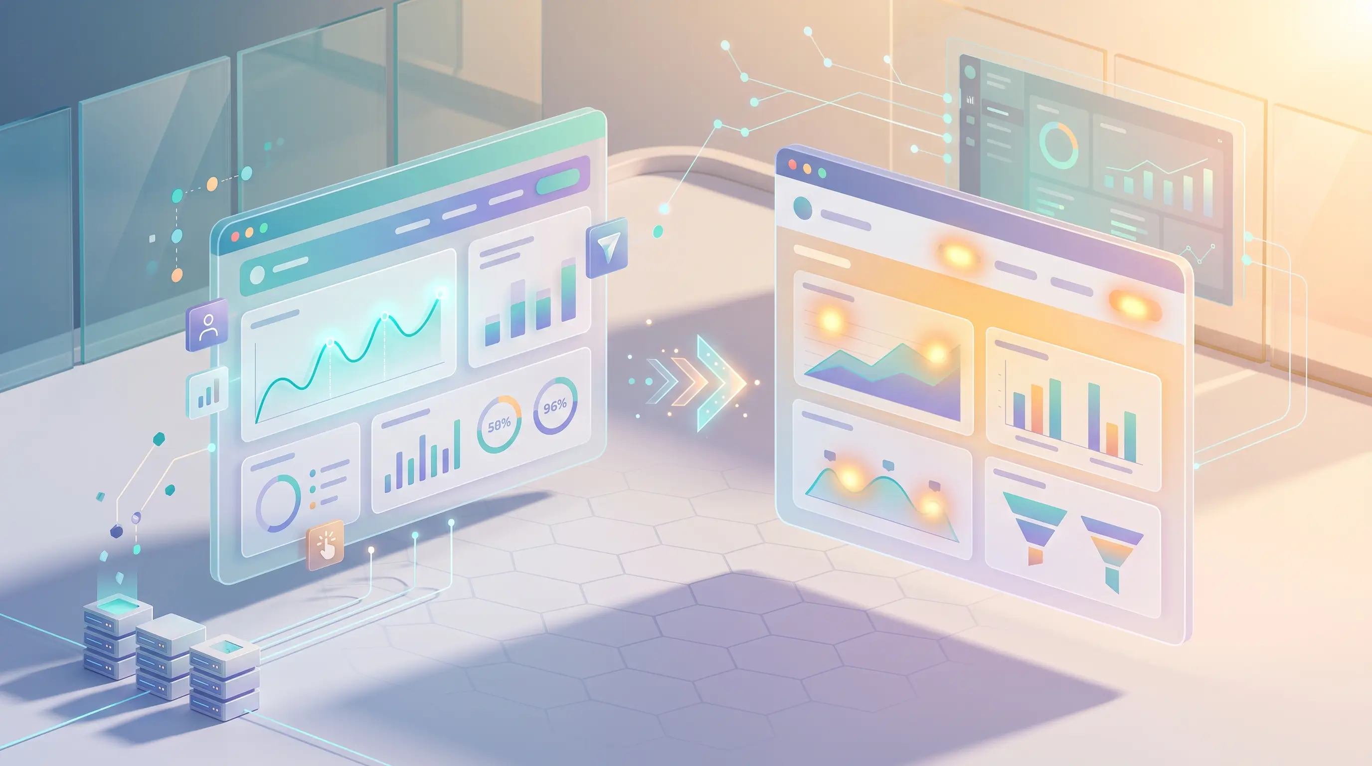 3D tech illustration of split URL and A/B multivariate testing comparing two user interfaces with conversion analytics dashboard