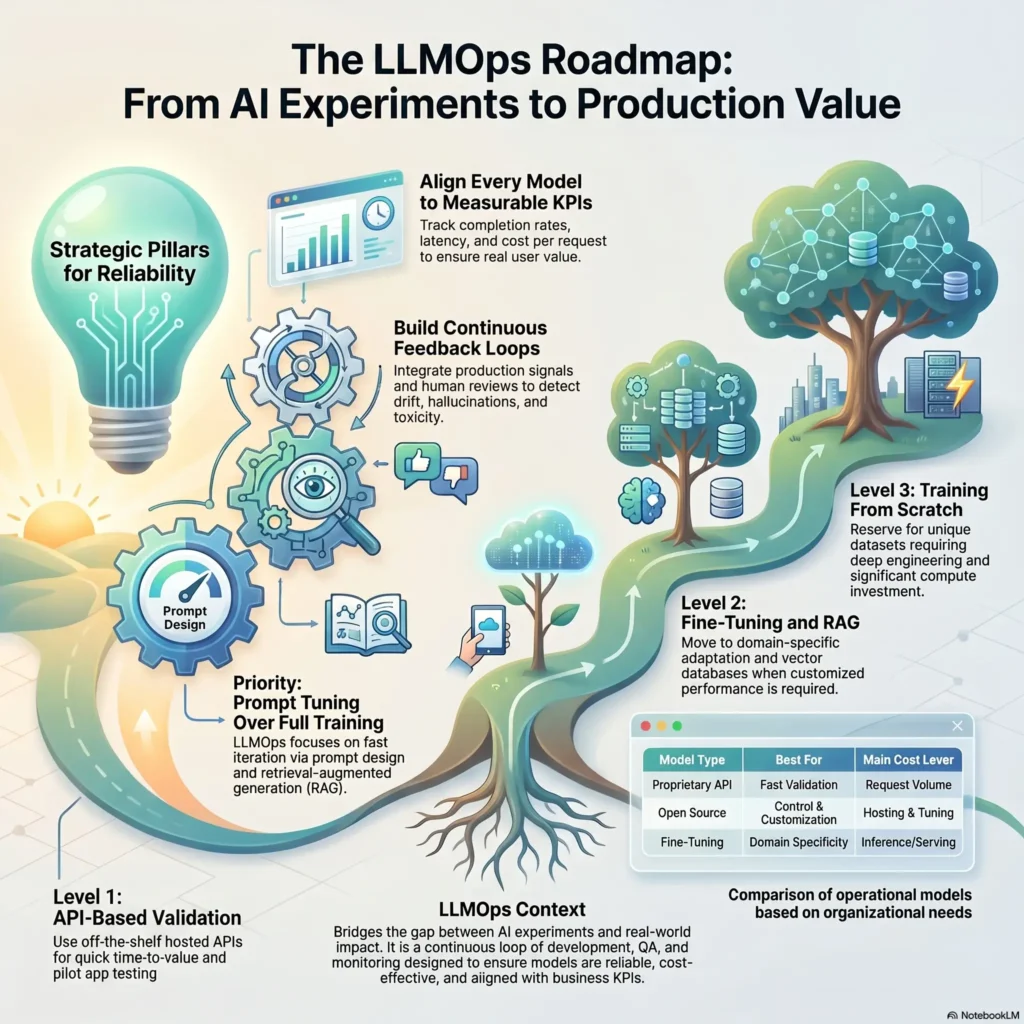 Infographic illustrating the LLMOps roadmap from AI experiments to enterprise production value, highlighting strategic pillars for model reliability, alignment to business KPIs, and development implementation levels from APIs to fine-tuning.