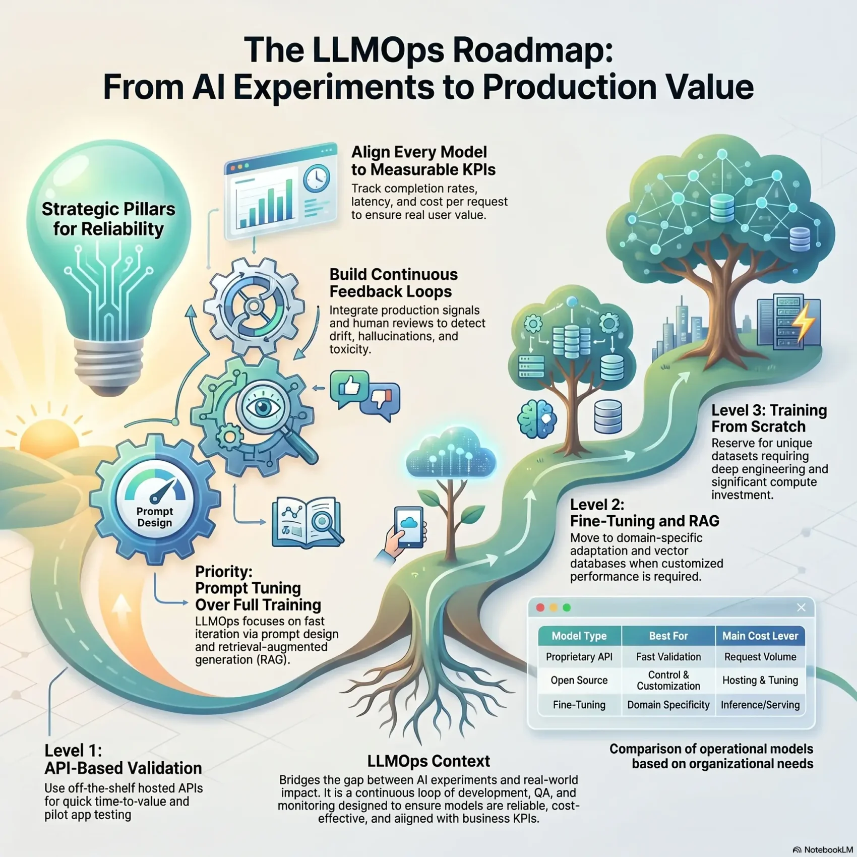Infographic illustrating the LLMOps roadmap from AI experiments to enterprise production value, highlighting strategic pillars for model reliability, alignment to business KPIs, and development implementation levels from APIs to fine-tuning.