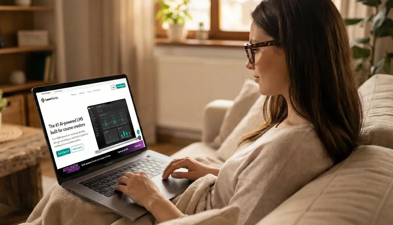 LearnWorlds website displayed on a laptop screen, showing the AI-powered LMS for course creators.