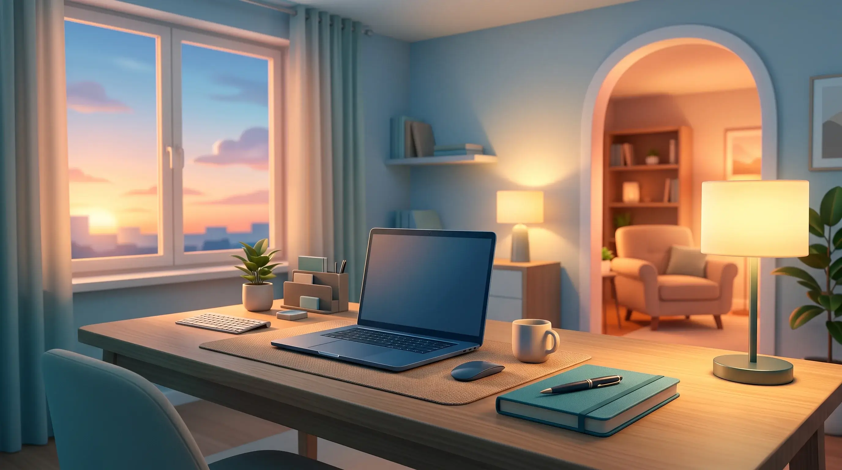 Open laptop on an organized home office desk beside a sunset window and arched doorway leading to a cozy living room, illustrating remote work boundaries and work-life balance.