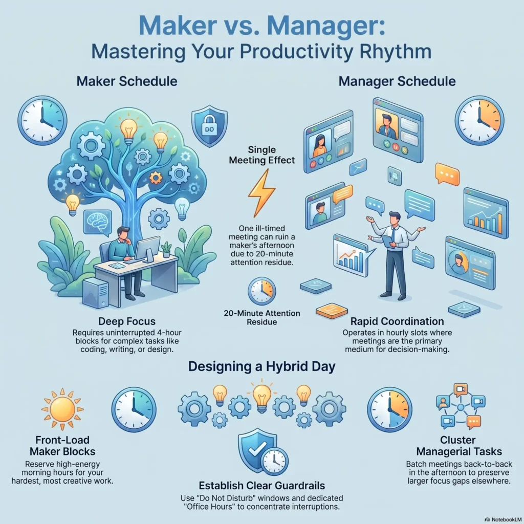 Infographic comparing Maker vs Manager schedules for workplace productivity, showing deep focus blocks for creative makers, rapid coordination slots for managers, and tips for designing a balanced hybrid day.