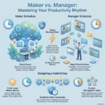 Infographic comparing Maker vs Manager schedules for workplace productivity, showing deep focus blocks for creative makers, rapid coordination slots for managers, and tips for designing a balanced hybrid day.