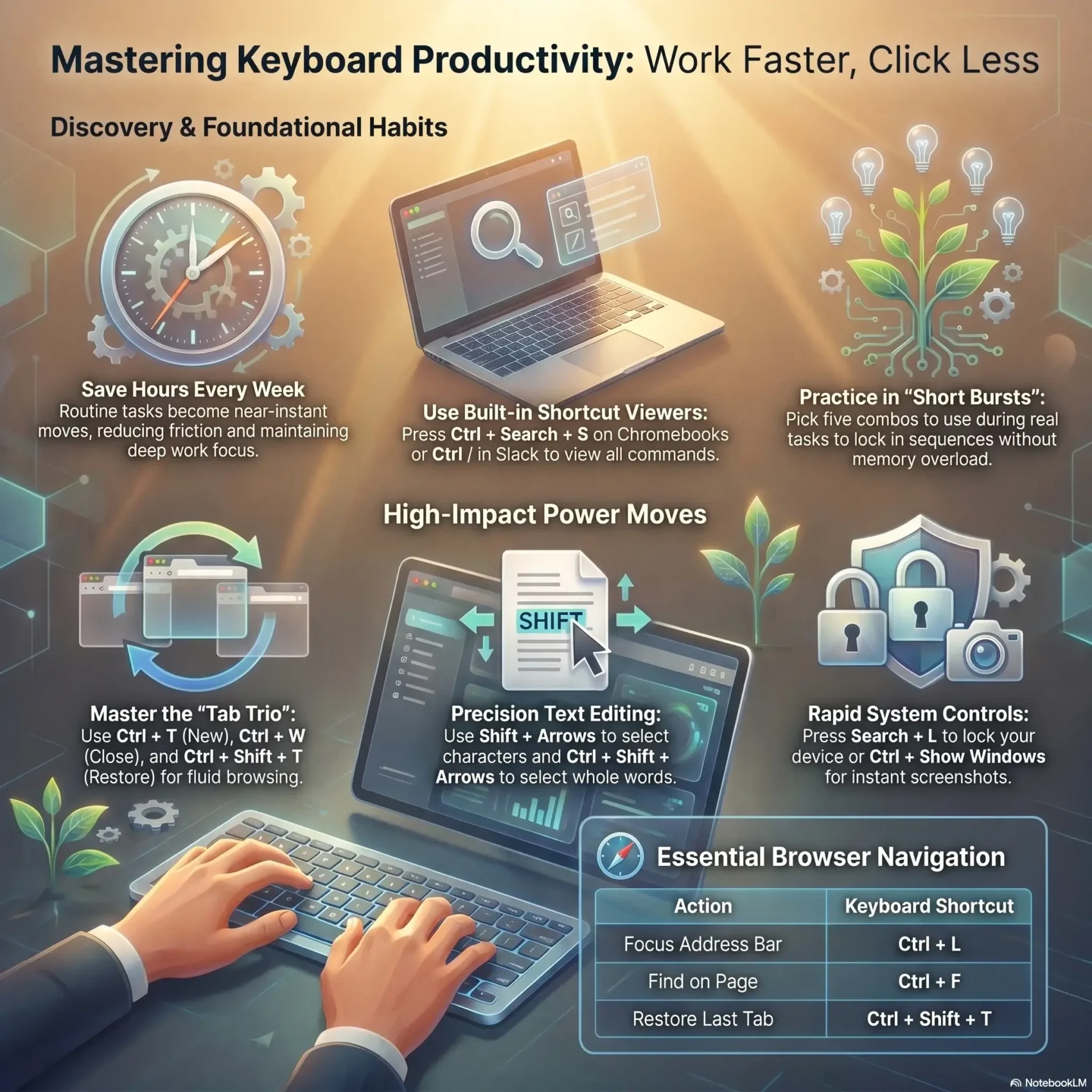 An infographic titled "Mastering Keyboard Productivity: Work Faster, Click Less" displaying foundational habits and high-impact power moves. Includes a navigation data table highlighting essential keyboard shortcuts like Ctrl+L, Ctrl+F, and Ctrl+Shift+T.