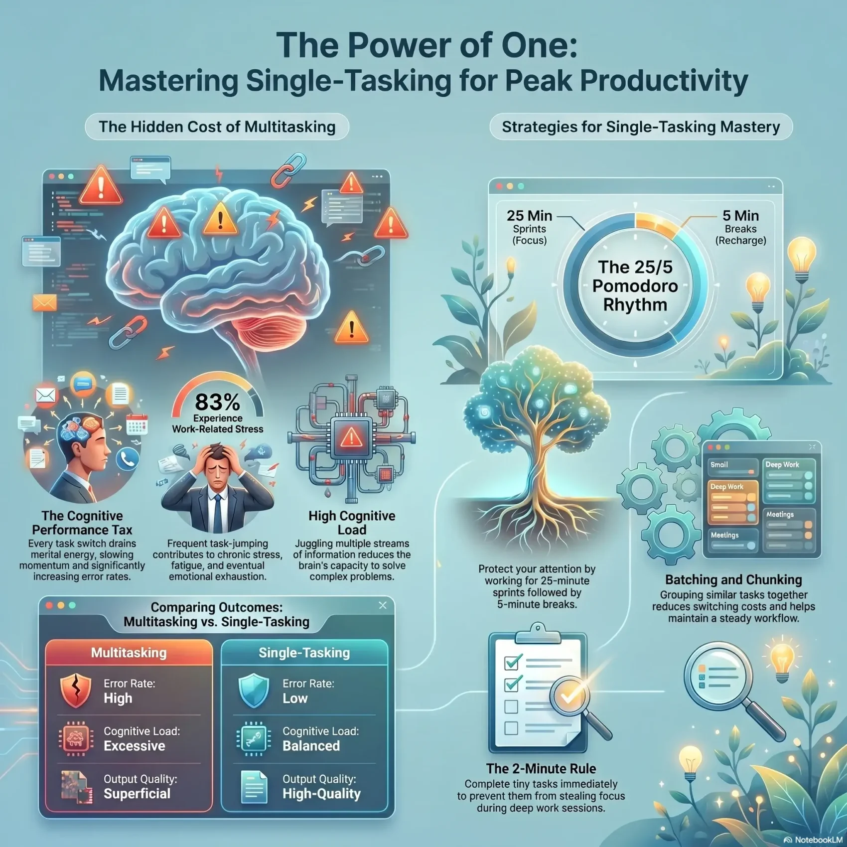An infographic explaining "The Power of One: Mastering Single-Tasking for Peak Productivity." It contrasts the hidden cognitive performance tax of multitasking against single-tasking strategies like the 25/5 Pomodoro rhythm, batching, chunking, and the 2-minute rule.