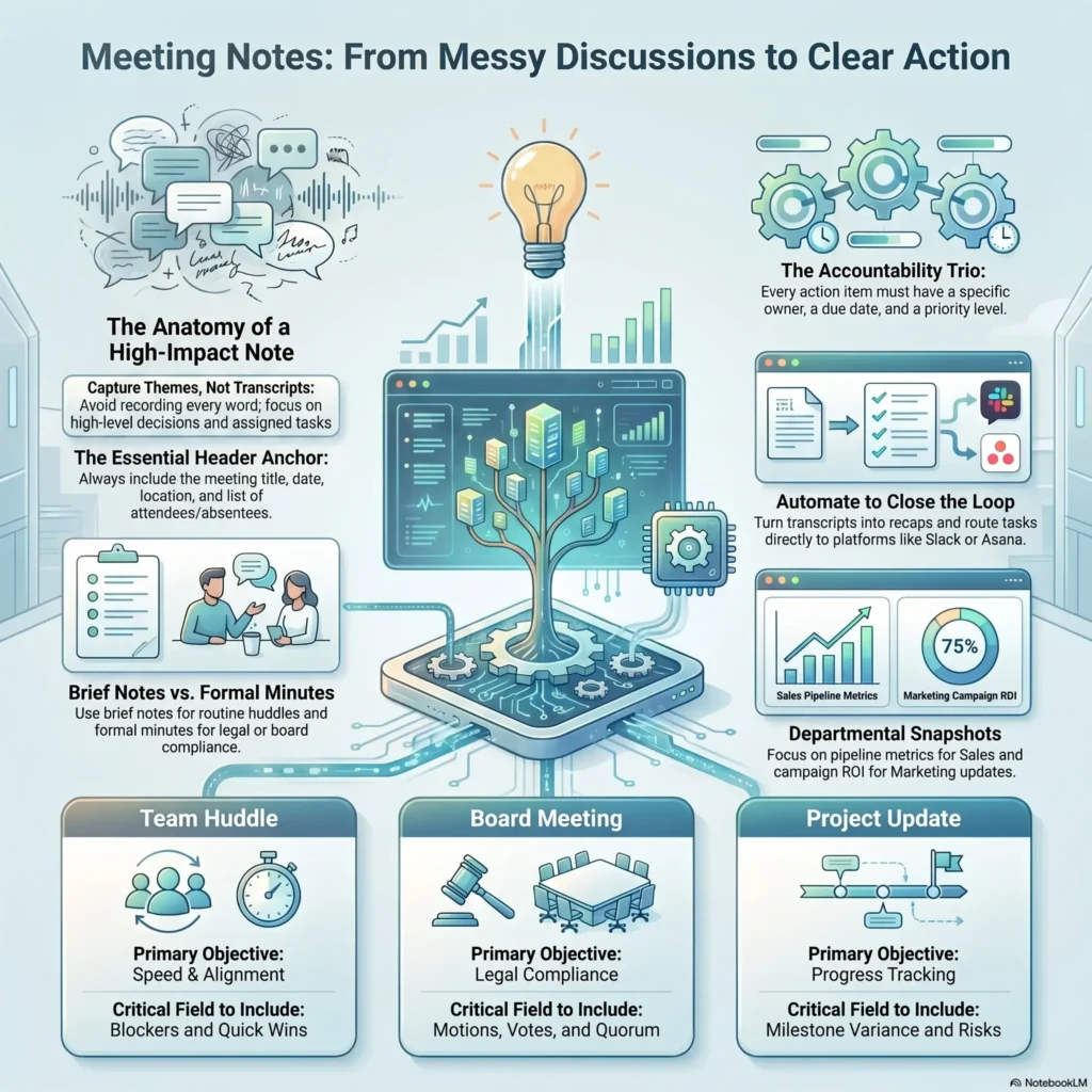 Infographic outlining high-impact meeting note templates and team workflows, showing how to structure notes to turn messy discussions into clear action items, accountability metrics, and automated task routing.