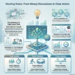 Meeting Note Templates: Never Miss Action Items in Your Team Meetings Infographic outlining high-impact meeting note templates and team workflows, showing how to structure notes to turn messy discussions into clear action items, accountability metrics, and automated task routing.