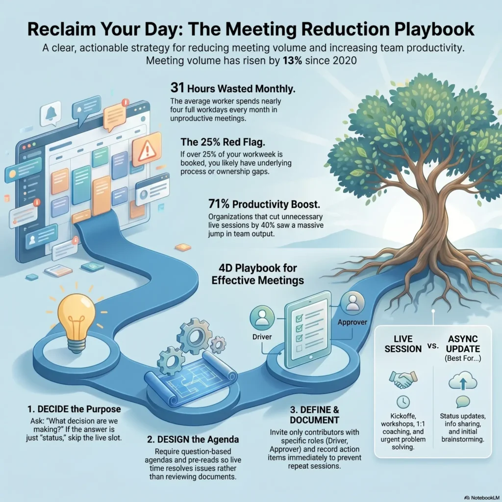 Infographic titled 'The Meeting Reduction Playbook' outlining corporate productivity strategies to reduce meeting volume, featuring time-wasting statistics and a structured decision path for live versus asynchronous updates.
