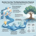 Meeting Reduction Playbook: Run Fewer but More Effective Meetings Infographic titled 'The Meeting Reduction Playbook' outlining corporate productivity strategies to reduce meeting volume, featuring time-wasting statistics and a structured decision path for live versus asynchronous updates.