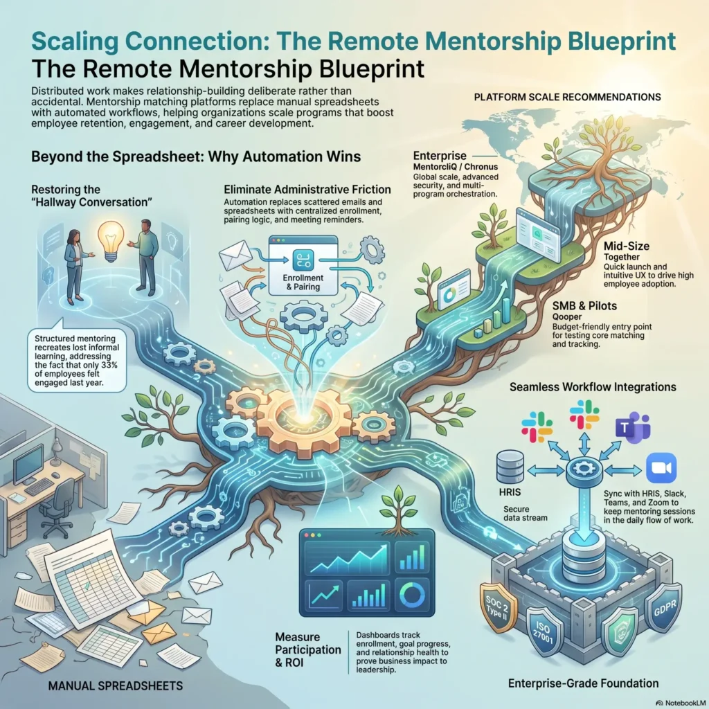 Infographic illustrating "Scaling Connection: The Remote Mentorship Blueprint" detailing automated mentorship matching workflows, platform recommendations, and software integrations for distributed teams.
