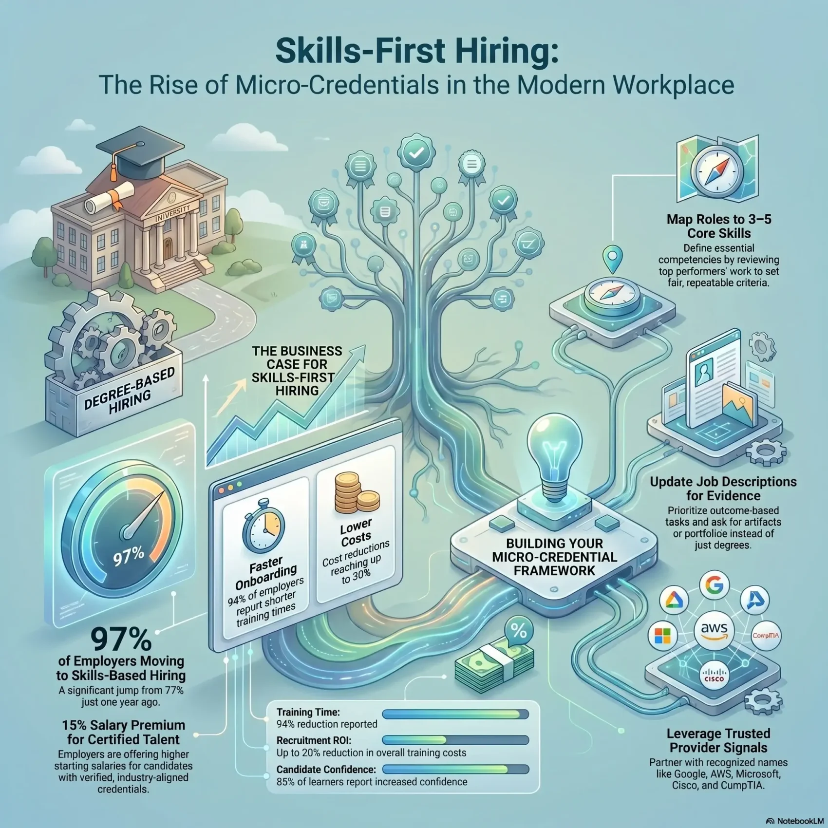 Infographic about skills-first hiring and the rise of micro-credentials, showcasing the business case for reduced training times, lower costs, and a framework for building certified talent pathways.