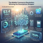 Mobile Commerce Trends 2026: Capturing the Smartphone Shopper Infographic showcasing "The Mobile Commerce Revolution: Winning the Smartphone Shopper" with market forecasts reaching $3.4 trillion, mobile checkout conversion optimization, and app conversion rates.