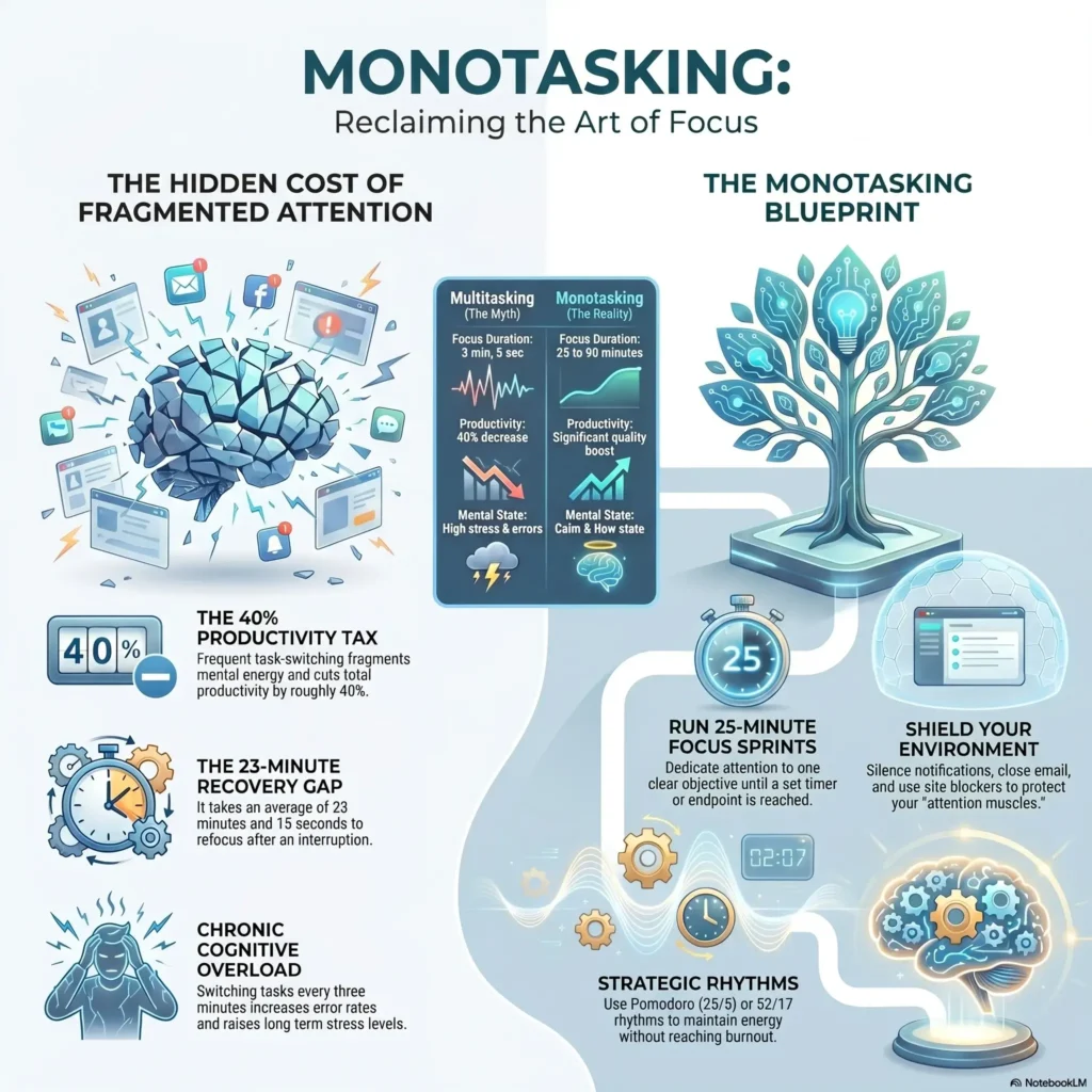 Infographic illustrating the benefits of monotasking versus multitasking, showing the hidden costs of fragmented attention and a blueprint for focus sprints and strategic workplace rhythms.