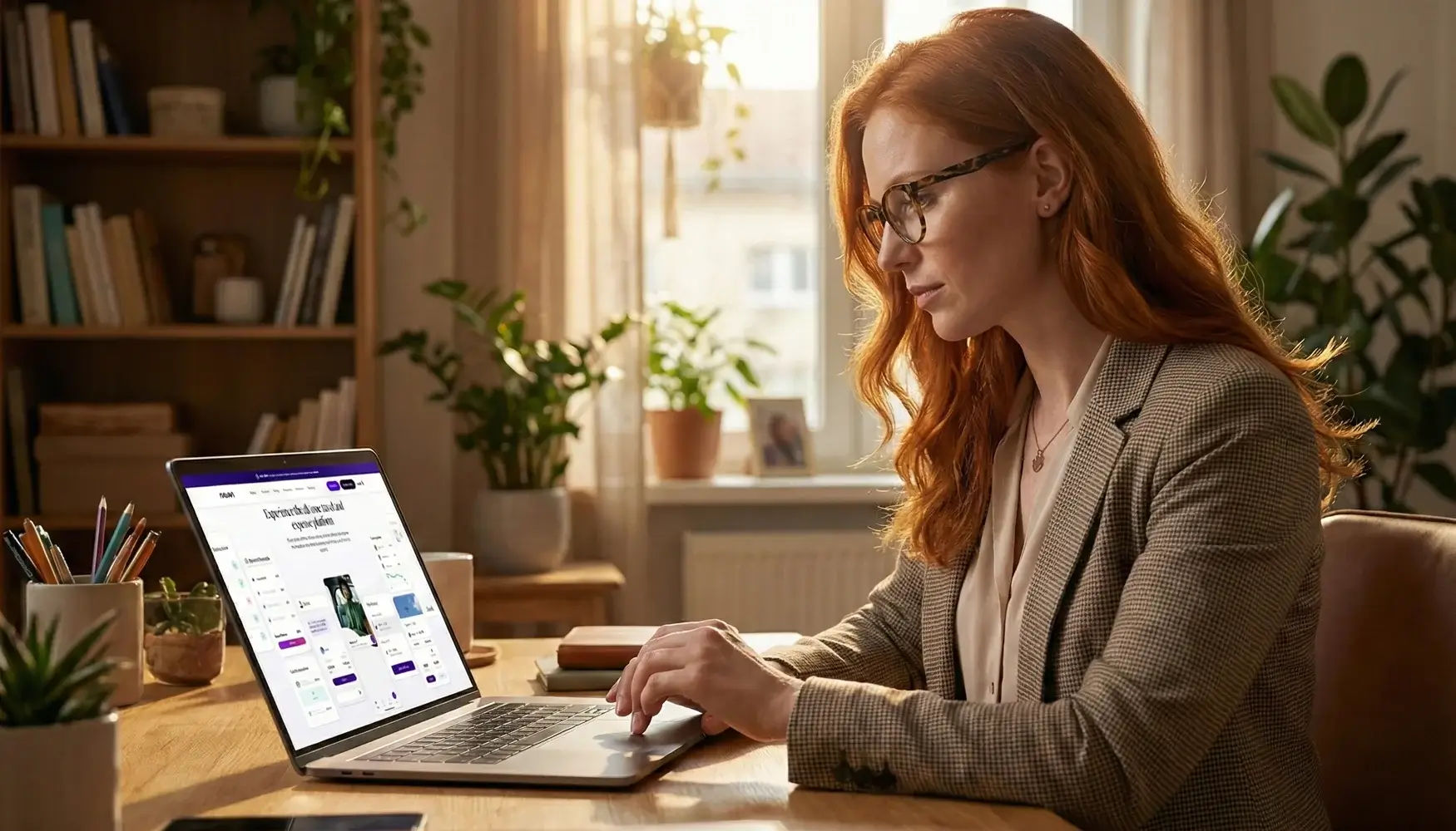 Professional businesswoman using the Navan travel and expense platform on a laptop.