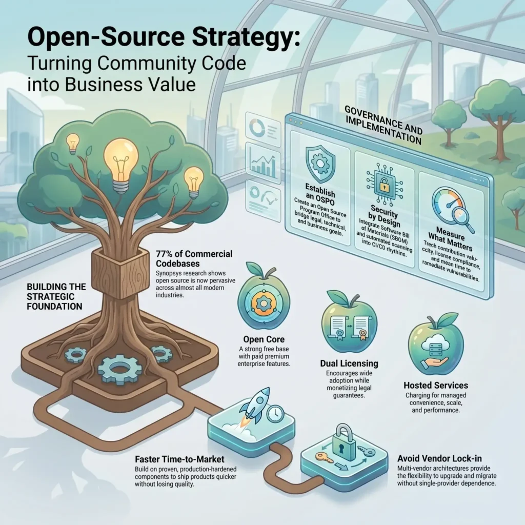Infographic guide on 'Open-Source Strategy' illustrating how companies turn community code into business value through OSPO governance, open core models, dual licensing, and faster time-to-market.