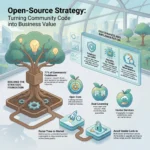 Open-Source Strategy: How to Turn Community Code into Business Value Infographic guide on 'Open-Source Strategy' illustrating how companies turn community code into business value through OSPO governance, open core models, dual licensing, and faster time-to-market.