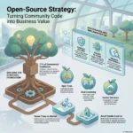 Open-Source Strategy: Leveraging Community for Business Value Infographic guide on 'Open-Source Strategy' illustrating how companies turn community code into business value through OSPO governance, open core models, dual licensing, and faster time-to-market.