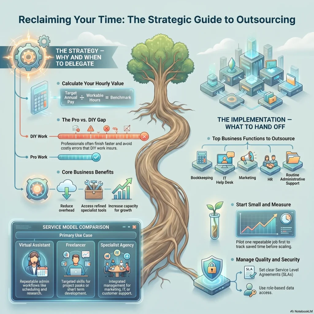 SmartKeys Infographic on strategic outsourcing showing how to calculate hourly value, compare service models like freelancers and agencies, delegate core business tasks, and manage quality