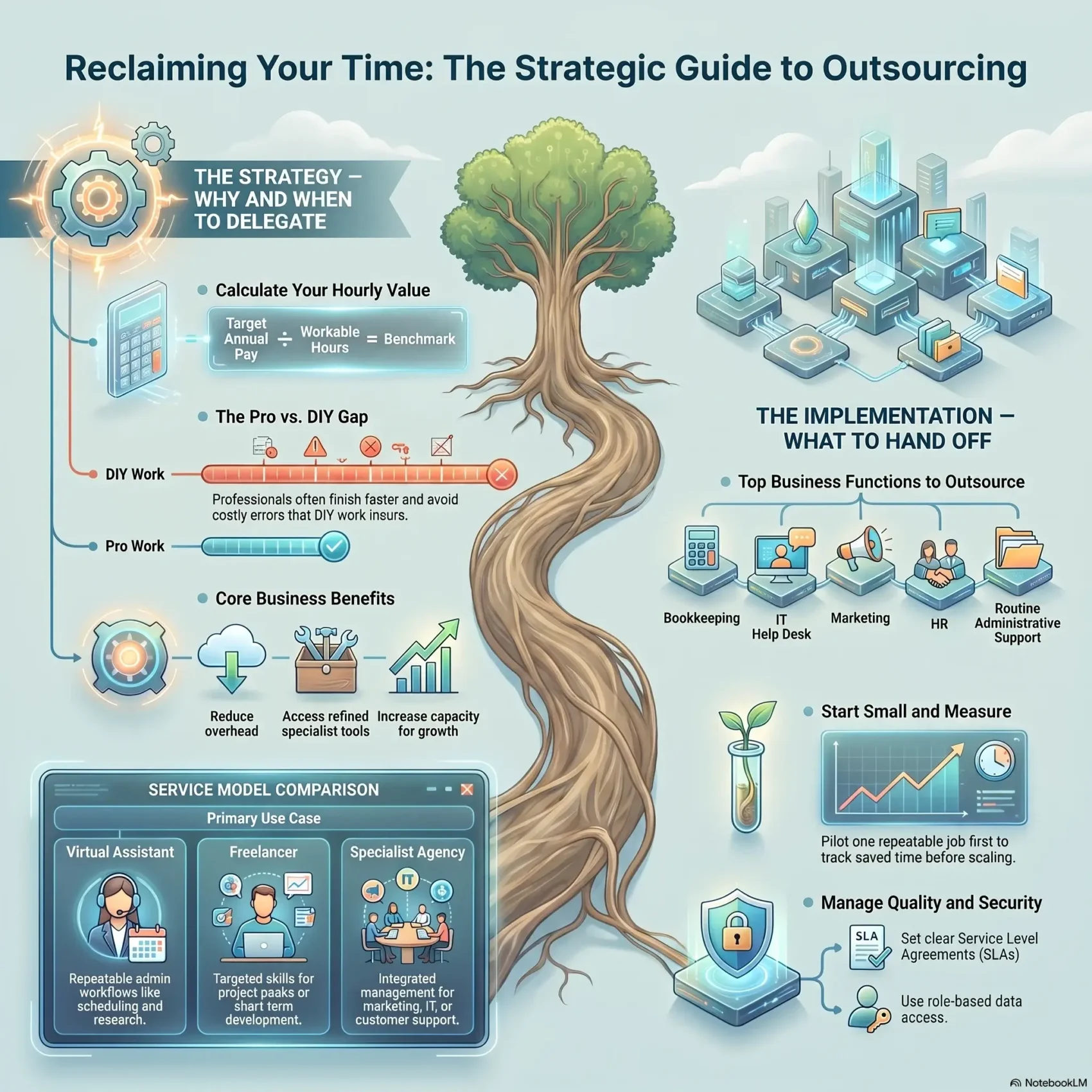 SmartKeys Infographic on strategic outsourcing showing how to calculate hourly value, compare service models like freelancers and agencies, delegate core business tasks, and manage quality