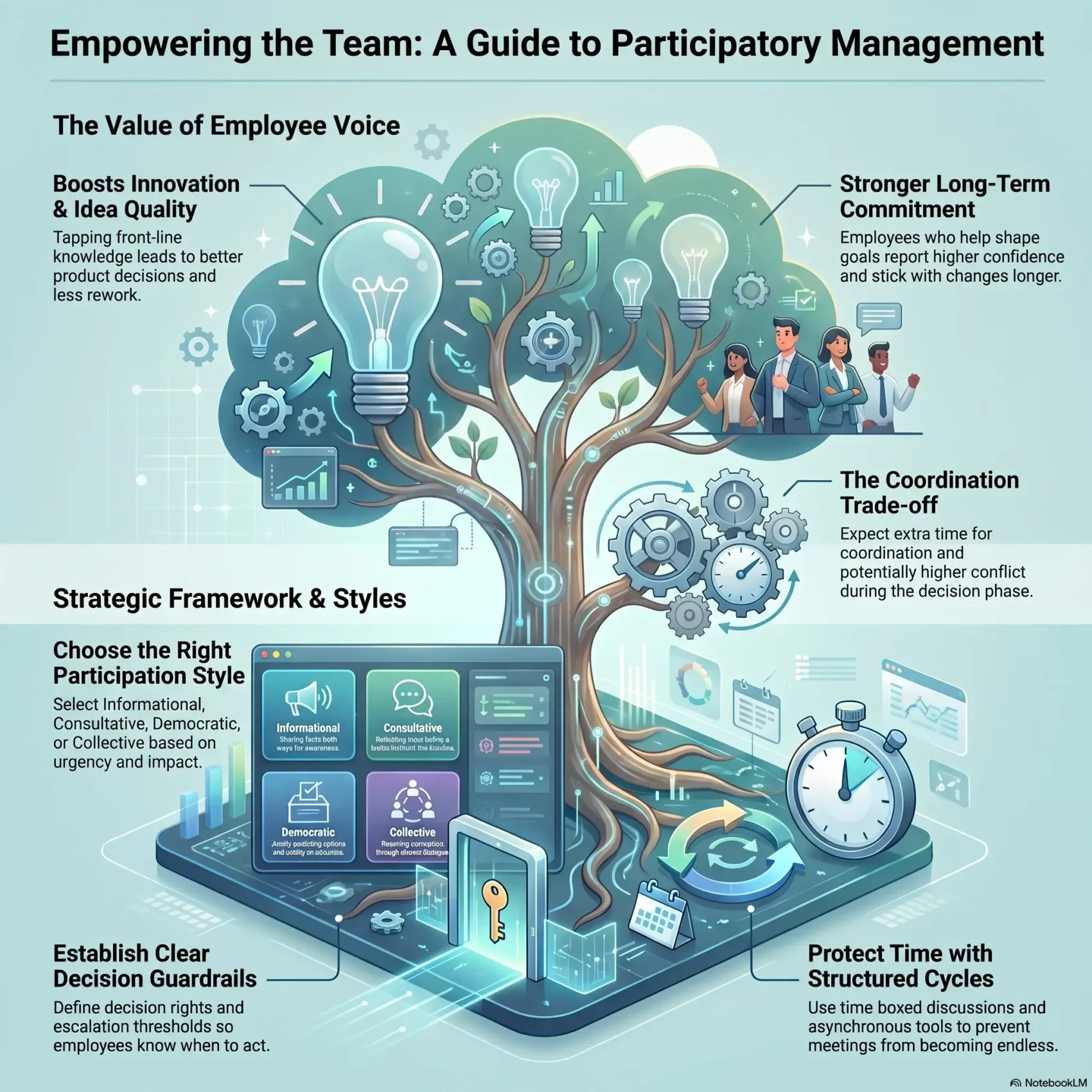 Infographic guide to participatory management and empowering teams, detailing leadership styles, decision guardrails, and frameworks for giving employees a voice in business decisions.