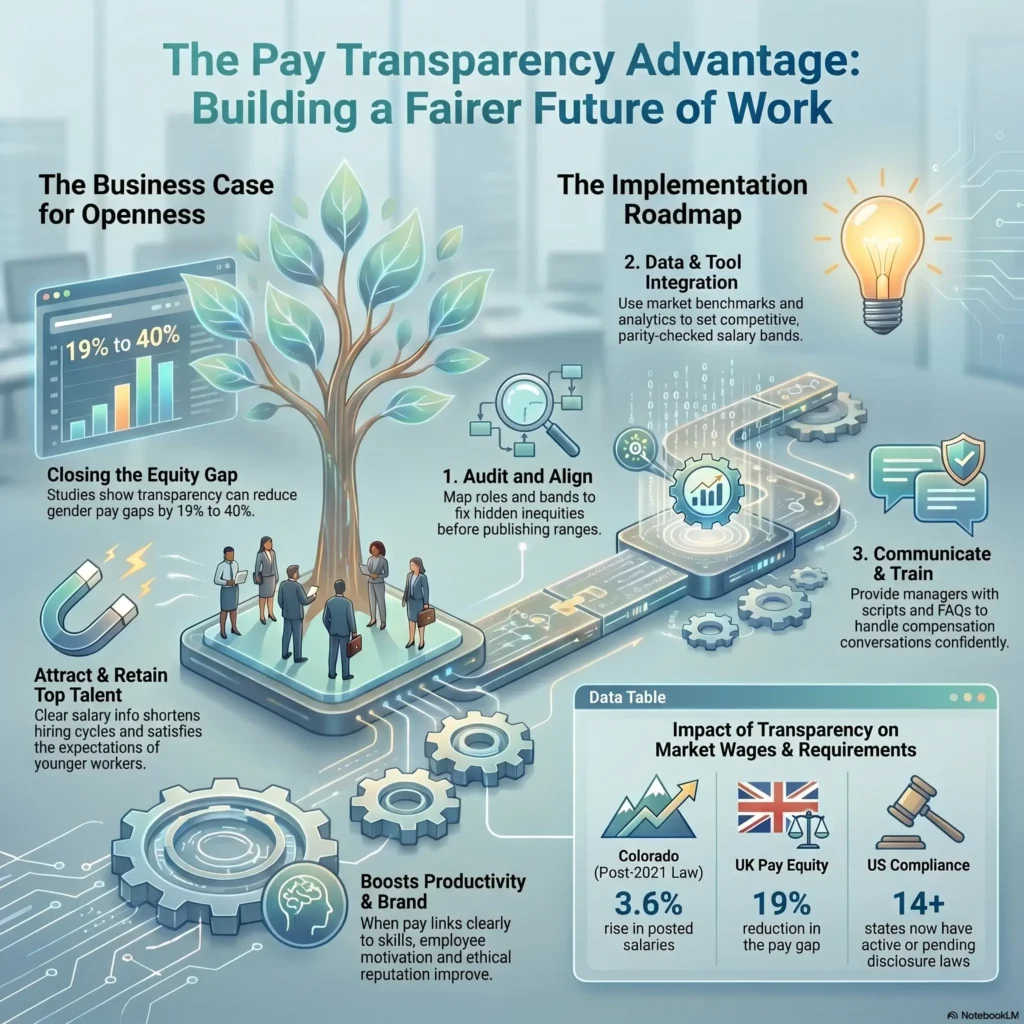 An infographic on "The Pay Transparency Advantage: Building a Fairer Future of Work" illustrating the business case for openness and a 3-step implementation roadmap. Features data panels highlighting compliance laws and the narrowing of the gender pay gap.